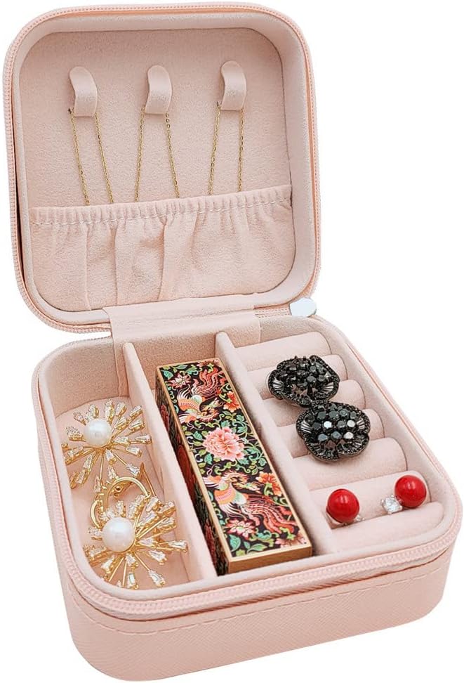 TRODANCE Mini Jewelry Case, Small Travel Jewelry Organizer, Portable Jewelry Box Mini Storage Organizer Display Box For Rings Earrings Necklaces (Pink-4)