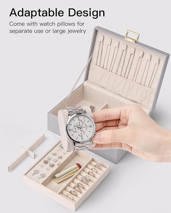 VLANDO 2 Layer Jewelry Box Large Jewelry Organizer for Women Removable Jewelery Tray with Watch Pillow for Necklace Earrings Rings Bracelets Gifts for Couples Mom Friends, Bridesmaid (Grey)