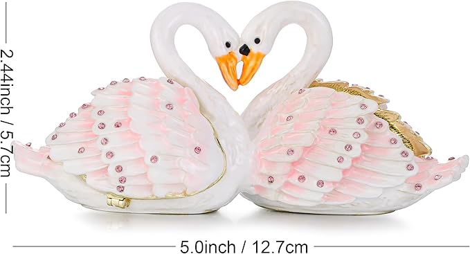 Hand Painted Animal Trinket Box for Home Decor, Hinged Jewelry Organizer Storage, Unique Personalized Collectible Keepsake Figurine Handmade Decorative Ornament Gifts (Swan Couple)