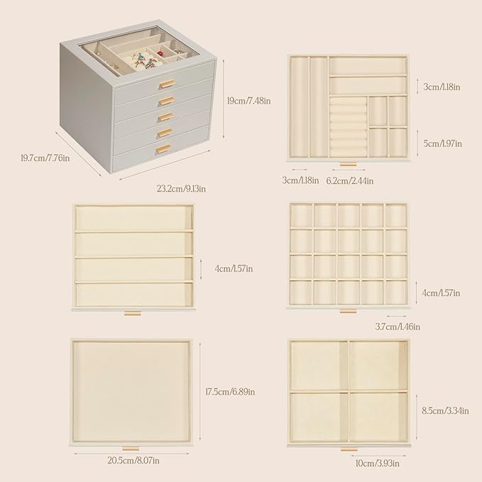 Jewelry Box with Glass Lid, 5-Layer Jewelry Organizer for Women Girls, PU Leather Display Case with 20-Grid Earring Tray & Movable Dividers for Necklaces Rings,Grey
