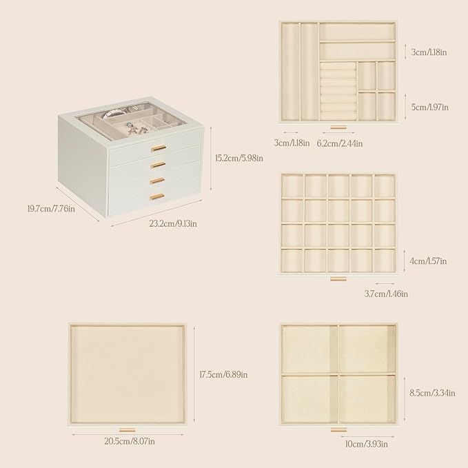Jewelry Box with Glass Lid, 4-Layer Jewelry Organizer for Women Girls, PU Leather Display Case with 20-Grid Earring Tray & Movable Dividers for Necklaces Rings - Cloud White