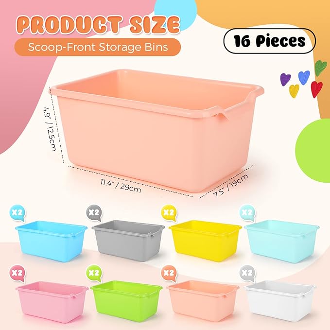 Dandat 16 Pcs Plastic Book Bins for Classroom Library Cubby Bins Scoop Front Stackable Toy Storage Tubs Containers for School Office Home Nursery Playroom Organization(Candy Color)