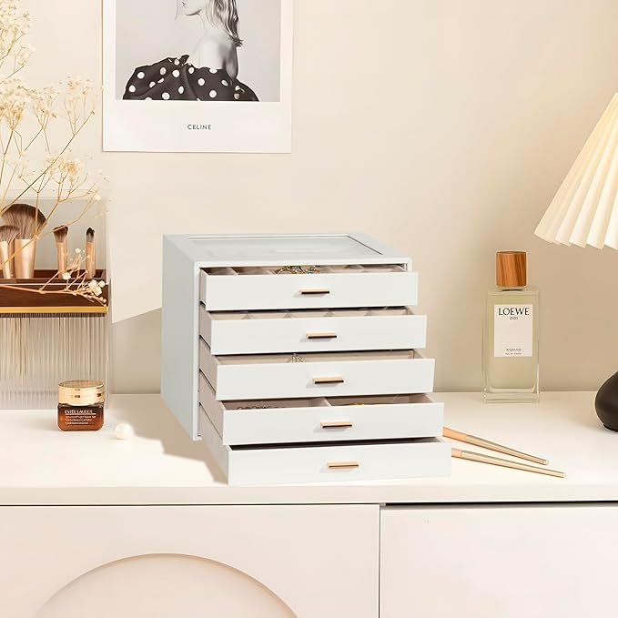 Jewelry Box with Glass Lid, 5-Layer Jewelry Organizer for Women Girls, PU Leather Display Case with 20-Grid Earring Tray & Movable Dividers for Necklaces Rings - Cloud White