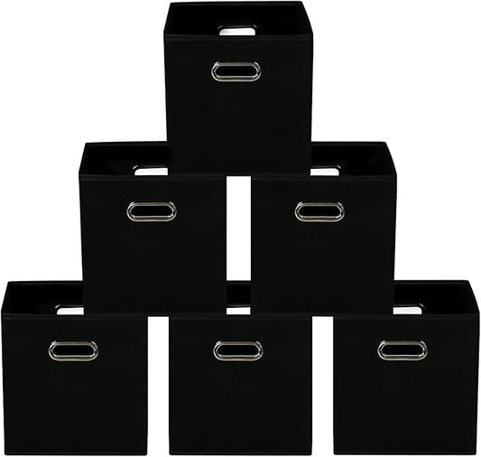Yunkeeeper storage bins Cubes, Fabric Cube Organizer with Handle, Foldable Cube Bins for Cloth or Accessary Storage, 11x11x11, Set of 6, (black)