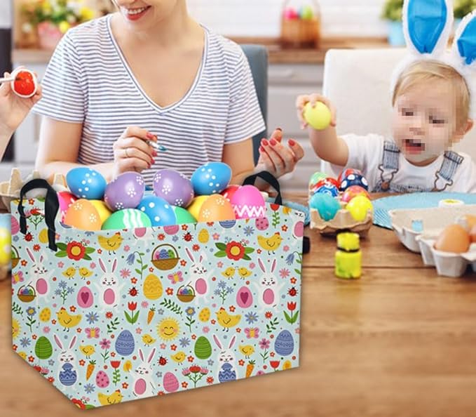 Easter Basket for Kids Gift Bunny Baskets Empty Baby Basket for Boys and Girls Rectangular Toy Storage Bins Organizer Bin Box Cute Egg Room Decor for Home(Bule Easter)