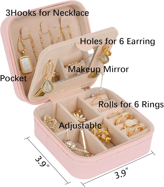 OceeK Travel Jewelry Case Box Organizer with Mirror,Travel Jewelry Box Holder Stocking Stuffers,Pink,1 Pack