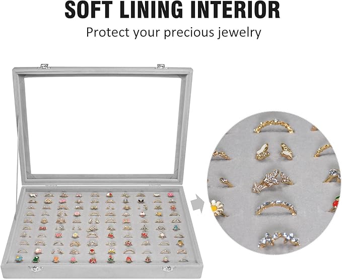 Vicoter Rings Organizer Tray 100 Slot Velvet Ring Earring Storage Box TranSparent Cover Jewelry Store Ring Display Box Jewelry Display Cabinet for Girl Wife Mother