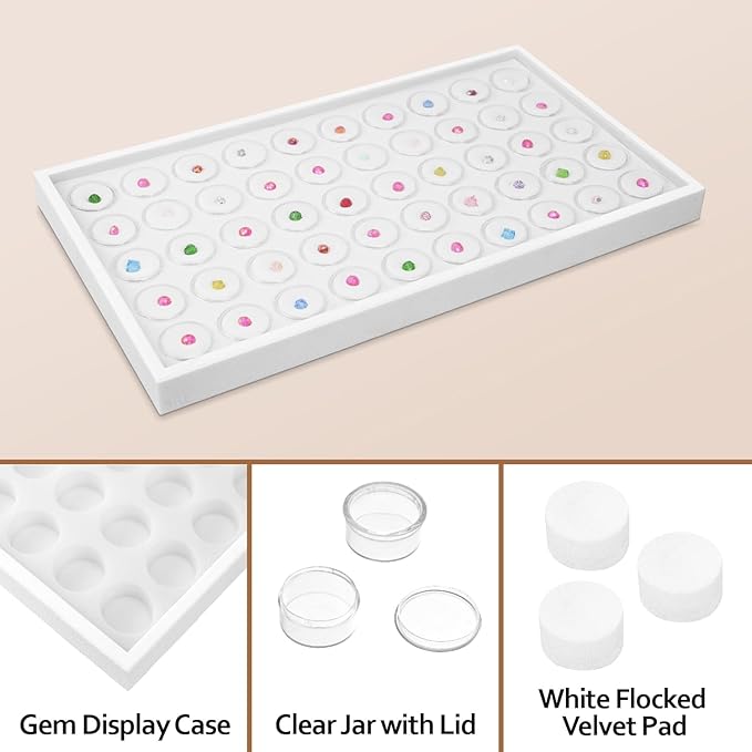 Ikee Design 50 White Foam Gem and Bead Storage Jars Showcase Stackable Display Tray Storage Box for Collectibles, Home Organization, 14.75 W x 8.25 D x 1 H in
