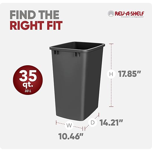 Rev-A-Shelf 2-Pack 35 Quart Polymer Replacement Trash Bin, Recycle Waste Garbage Container for Kitchen Cabinet Pullouts, Black, RV-35-18-2 - Large Plastic Bins for Home and Office