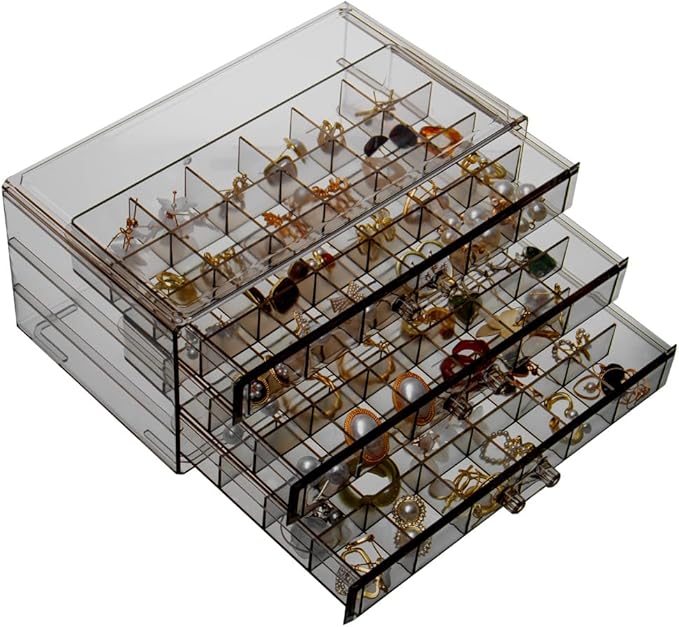 YUFONG Earring Storage Box Organizer 3 Drawers Acrylic Jewelry Storage Box Holder Transparent Jewelry Display Stand with 72 Small Compartments Gift for Women Girls (Clear Black)