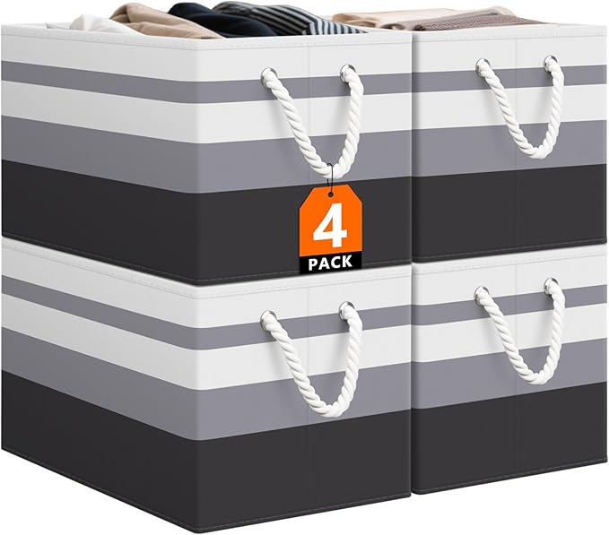 StorageTastic Storage Bin,Collapsible Storage Basket For Organizing,Large Storage Boxes With Rope Handles,Storage Containers,Gradient Grey,4 Pack