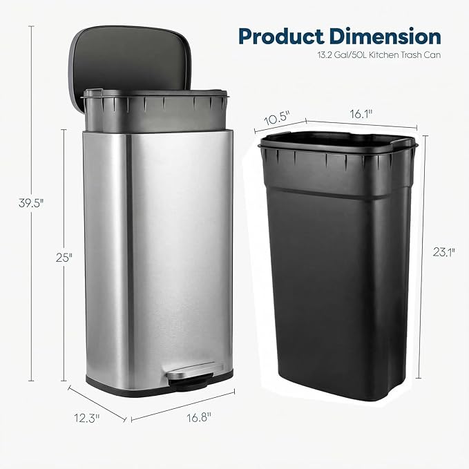 13.2 Gal Kitchen Trash Can, 50L Recycling or Garbage Bin, Brushed Stainless Steel Waste Basket, Soft&Quiet Close Dustbin, with Step-On Pedal, Removable Inner Bucket, for Home, Office, Living Room