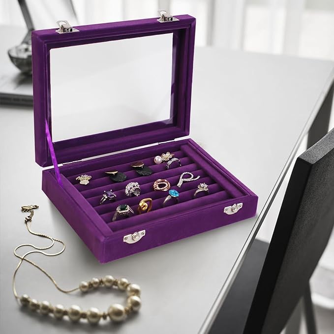 Jewelry Box Rings Organizer Tray 7 Slots Velvet Jewelry Earring Storage Box With Transparent Lid Jewelry Display Case for Girls Women (Purple)