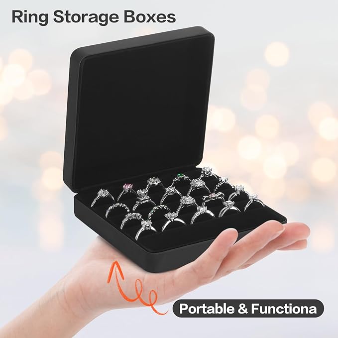 KUKUVR Ring Storage Organizer Box for Multiple Rings, Travel Portable Jewelry Ring Stud Earring Case, Ring Tray Holder Showcase Display Case (Black)