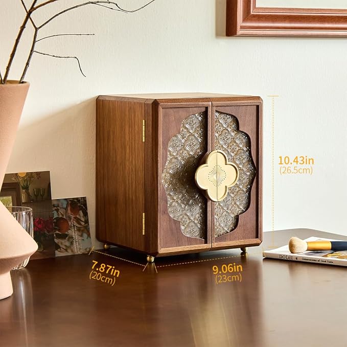 Double Door Jewelry Box - Black Walnut Wood, Velvet Lining, Gold Handle, Magnetic Closure, Handmade Storage Gifts for Mom, Mothers Day | 5-Layer