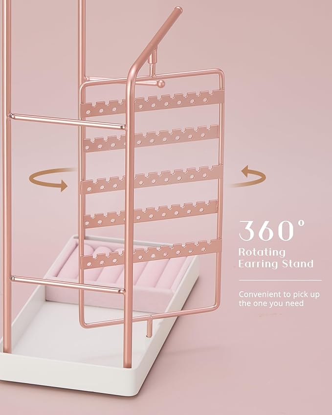 ProCase Jewelry Stand Holder Organizer, Jewelry Display Storage with Ring Tray, Rotating Earring Bracelet Necklace Holder, Valentine's Gifts Room Dorm Decor for Teen Girls -Rosegold (No-Assembly)