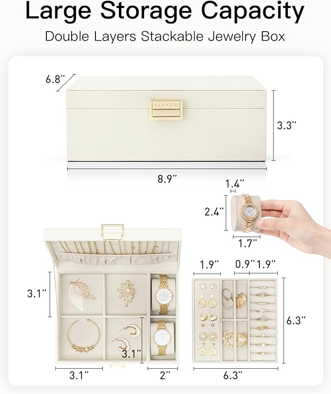 Vlando Jewelry Organizer,2 Layer Jewelry Box Large Jewelry Organizer for Women Removable Jewelery Tray with Watch Pillow for Necklace Earrings Rings Bracelets(Cream White)
