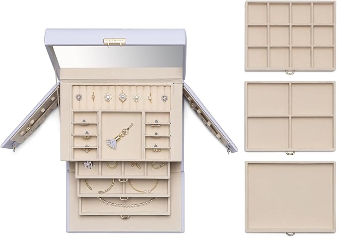 Vlando Lockable Jewelry Box Organizer with Key, 3-Tiered Storage Tray for Necklaces Earrings Rings Bracket Accessories Storage Display, Full HD-Mirror, Purple