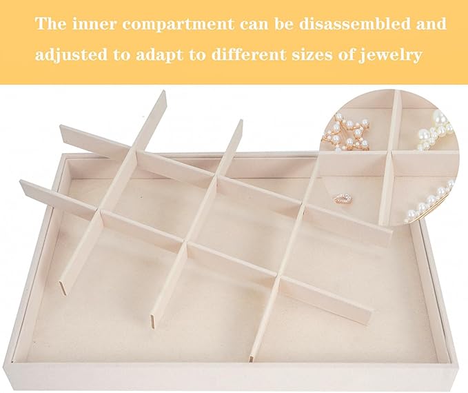 Large Velvet Jewelry Tray, Drawer Organizer for Jewelry in Dresser, Stackable Jewelry Drawer Organizer Inserts for Earring Necklace Bracelet Rings(Beige,12grid)