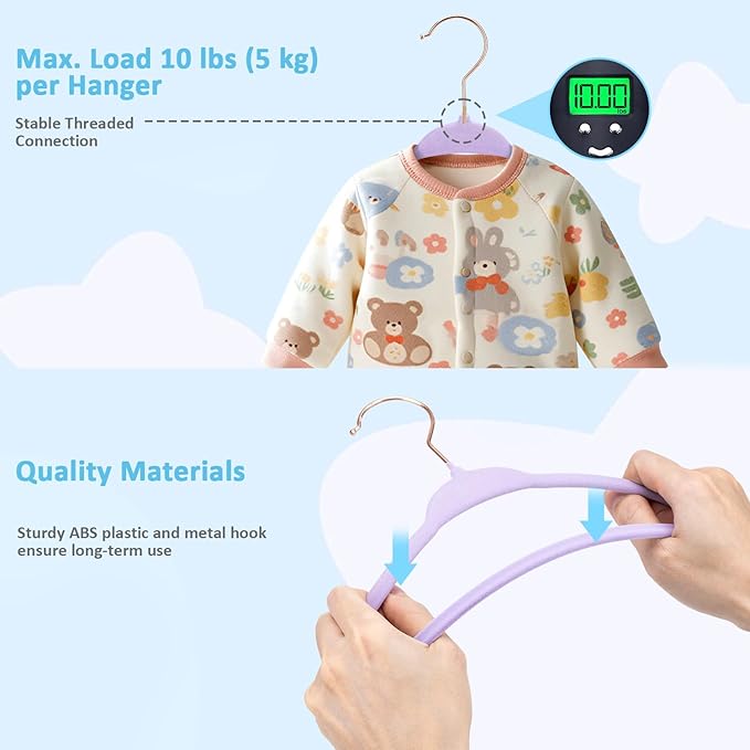 Tonswachic 50 Premium Baby Velvet Hangers - 11" Non-Slip, Ultra-Slim Space-Saving Kid Hangers - 360° Swivel Hook, Strong & Durable Infant & Toddler Clothes Hanger for Closet - Purple
