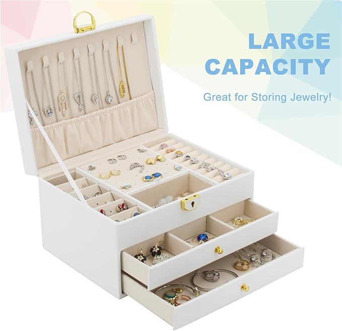 KOOAAICCHI Jewelry Box for Women, 3-Layer Jewelry Organizer, Jewelry Storage Case PU Leather for Earrings, Bracelets, Ring, Necklaces-White