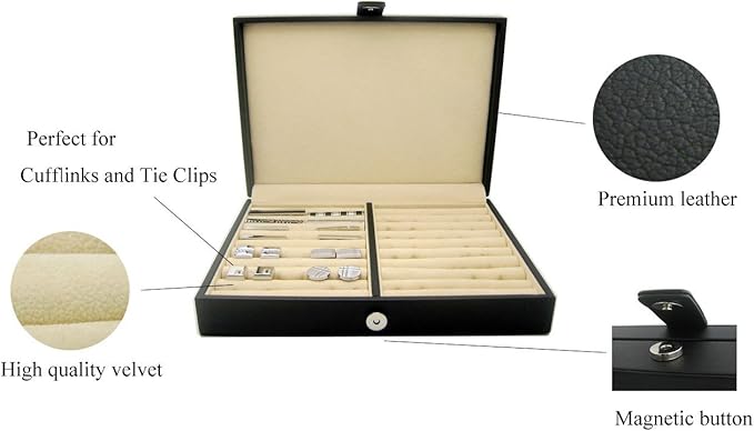 HONEY BEAR Men/Women's Cufflinks Jewelry Box - Faux Leather Display Case Storage Organizer Black, for Rings Earrings Tie Clips