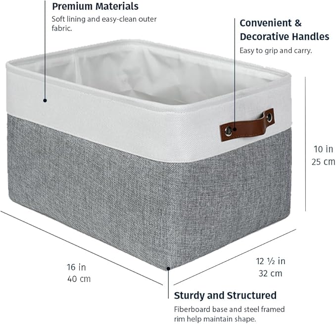 OrganiHaus Extra Large Fabric Storage Baskets for Shelves 3 Pack, 16x13in Closet Storage Bins, Canvas Baskets for Organizing, Linen Closet Organizers, Cloth Basket, Gray/Off-White