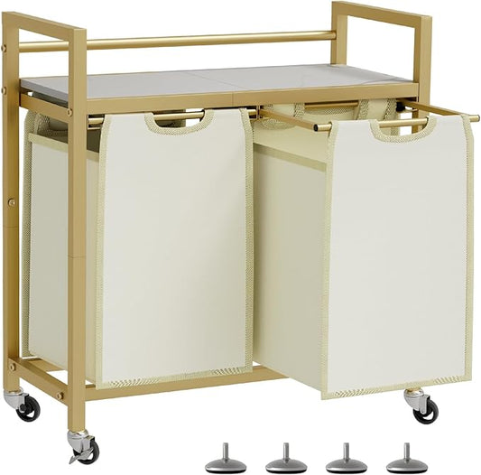 SwaaVee Laundry Hamper, Laundry Basket, Laundry Sorter with 3 Removable Bags, Clothes Basket with 3 Compartments, Wheels, Shelf for Laundry Room Bathroom Bedroom (2 Bags-Golden)