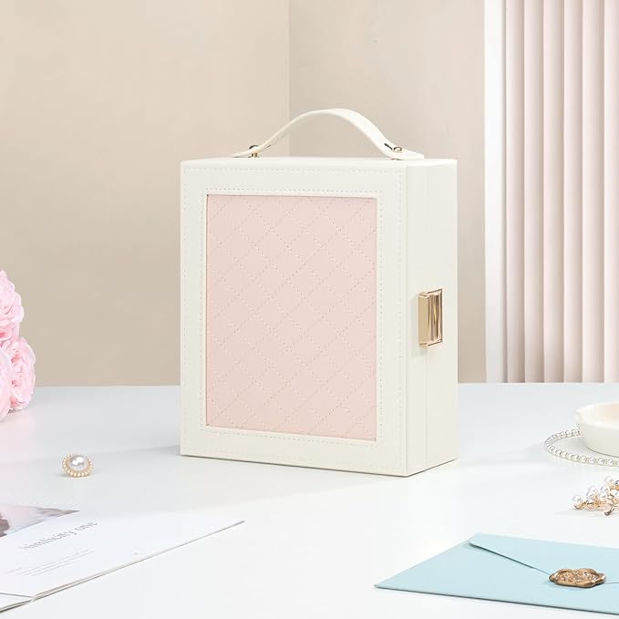 DesignSter Travel Jewelry Case for Woman, Portable Jewelry Travel Box with Mirror, PU Leather Small Jewelry Organizer with Handle for Rings Earrings Bracelets Necklaces(Beige & Pink)