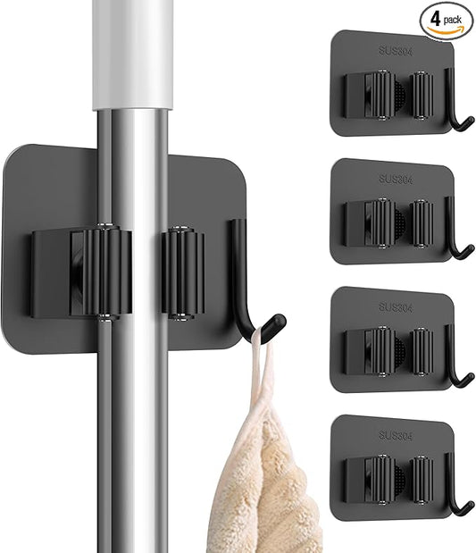 nacena 4 Pack No Drill Self Adhesive Broom Mop Holder Wall Mount with Hooks, Heavy Duty Stainless Steel Organizer for Kitchen Bathroom Garage Storage, Black
