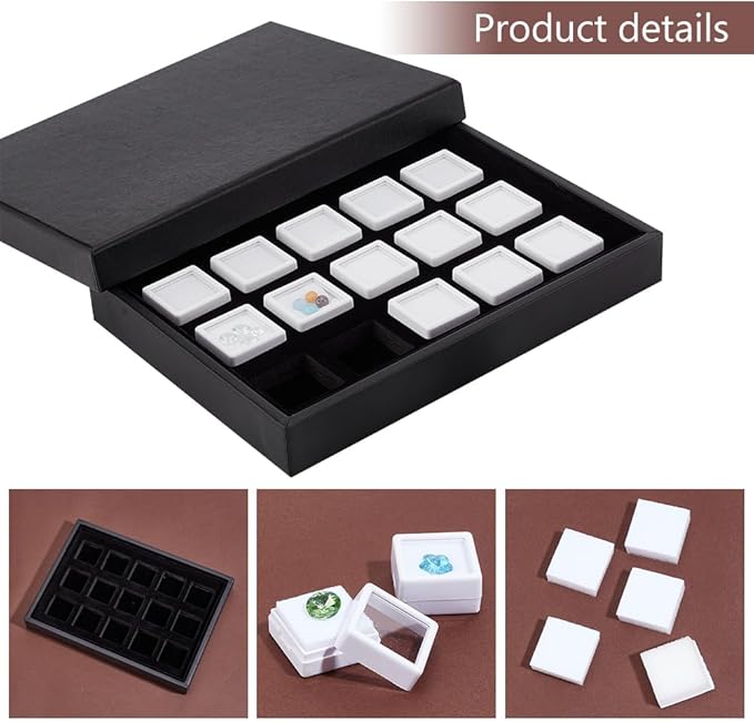 PH PandaHall 15 Gems Storage Container Gemstone Jewelry Box Diamond Stone Display Box Small Square Plastic Box Jewelry Organizer with Sponge for Gems Coins 1.16inch