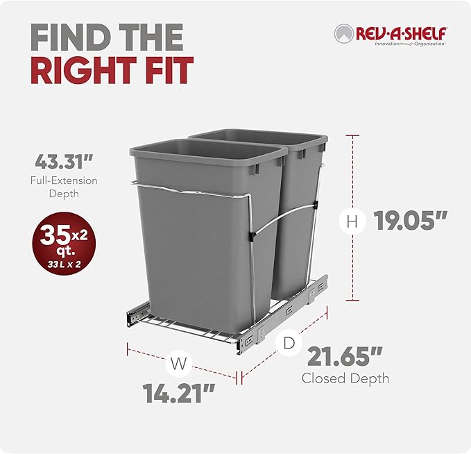 Rev-A-Shelf Double Pullout Trash Can for Kitchen Cabinets 35 Qt Garbage Recycling Bin on Full-Extension Slides, Silver, RV-18KD-17C S