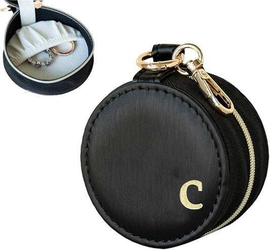 COLLECTIVE HOME - Monogrammed Letter Jewelry Case, Portable Travel Ring Holder Box with Keychain, Personalized Initial Organizer for Earrings Necklaces, Gift for Her (Black-c)
