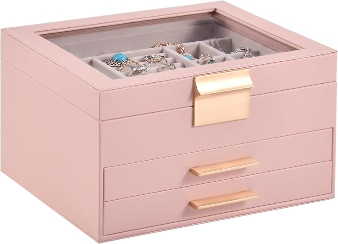 Somduy Jewelry Box Organizer for Women,3 Layers Jewelry Storage Display Box with Glass Lid,Gift for Christmas,3 Drawers,Large Capacity for Necklace Earrings Bracelets Rings,Pink