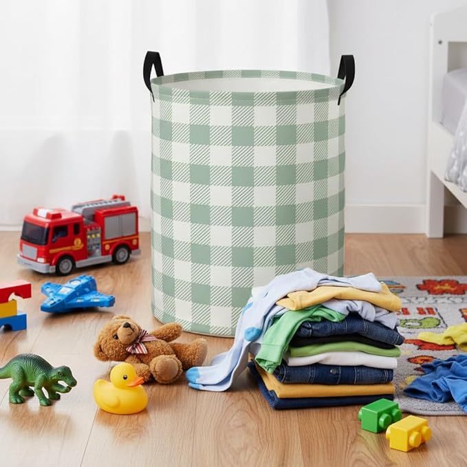 Baby Laundry Hamper kids laundry Basket Waterproof Laundry Bag for Bedroom Toy Clothes Organizer Room Décor(Green Checkered)