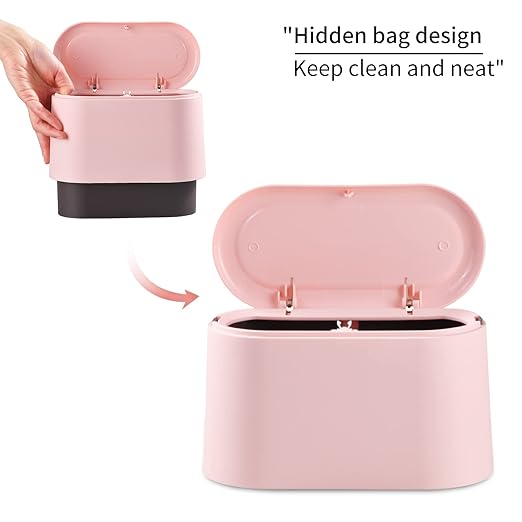 SUBEKYU 0.5 Gal Mini Countertop Trash Can with Lid for Desktop, Small Garbage Can for Office, Tiny Wastebasket,Pink