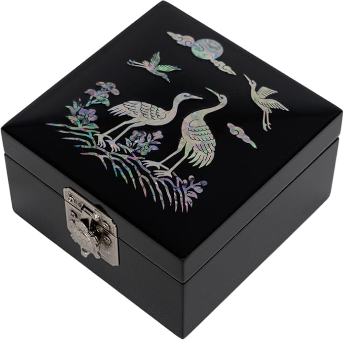 February Mountain Mother of Pearl Mini Jewelry Box - Organizer for Earring Necklace Ring & Bracelet Jewelry Display Storage Case for Woman Unique Gifts (Crane_Black)