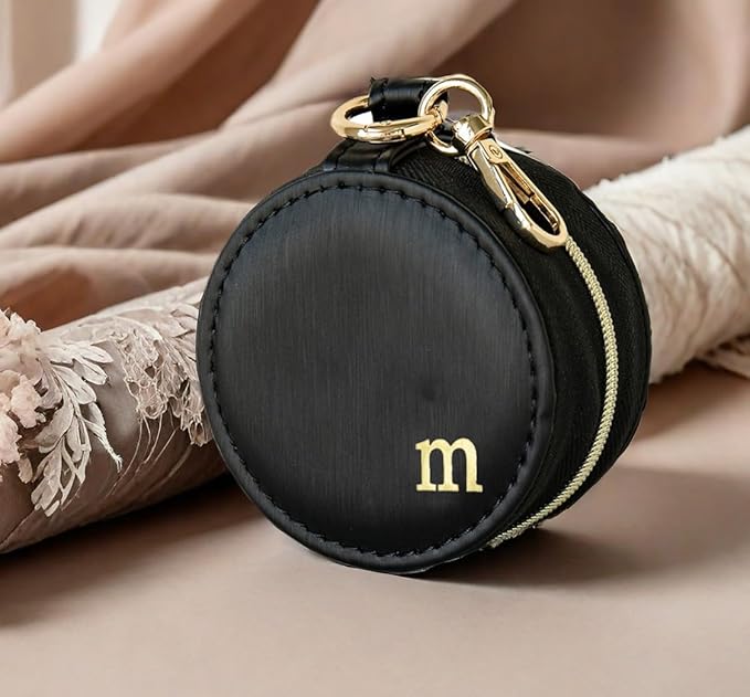 COLLECTIVE HOME - Monogrammed Letter Jewelry Case, Portable Travel Ring Holder Box with Keychain, Personalized Initial Organizer for Earrings Necklaces, Gift for Her (Black-m)