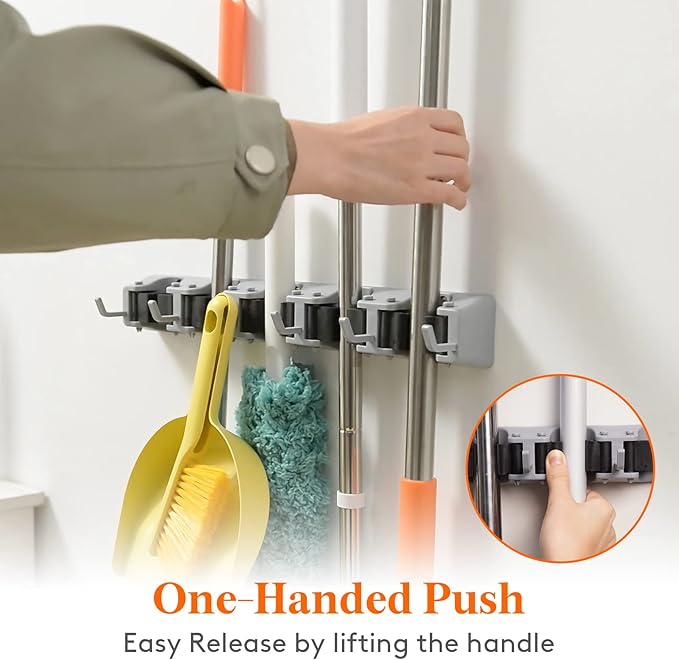 Lifewit Mop and Broom Holder Wall Mount, Anti-Slip Broom Hanger for Cleaning Supplies Organizer, Easy Install Tool Hanging Rack for Closet, Kitchen, Garage, 5 Slot 6 Hooks, Hold 30lbs, Gray, 1 Pack