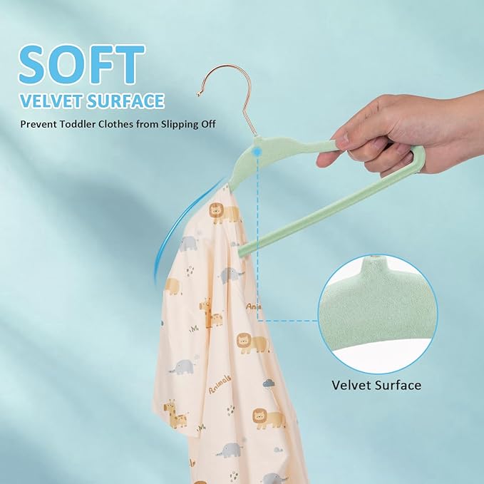 Tonswachic Baby Velvet Hangers 30 Pack - 11 Inch Premium Non Slip Kids Felt Hanger for Infant Clothes - Ultra Thin Baby Felt Hangers for Toddler Children's Closet with 10 Hanger Clips - Green