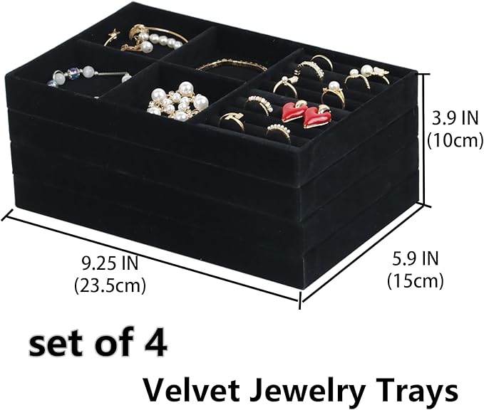 Set of 4 Stackable Jewelry Trays Organizer, Velvet Earring Organizer, Jewelry Organizer Showcase Display Drawer Organizer Storage, Earring Holder Necklace Bracelet Ring Accessary Organizers (Black)