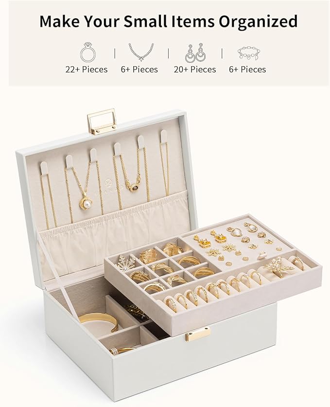 VLANDO Jewelry Box for Women, Gift for Women Girls,2 Layer Jewelry Box,Large Jewelry Organizer for Women Removable Jewelery Tray for Necklace Earrings Rings (Cloud White)