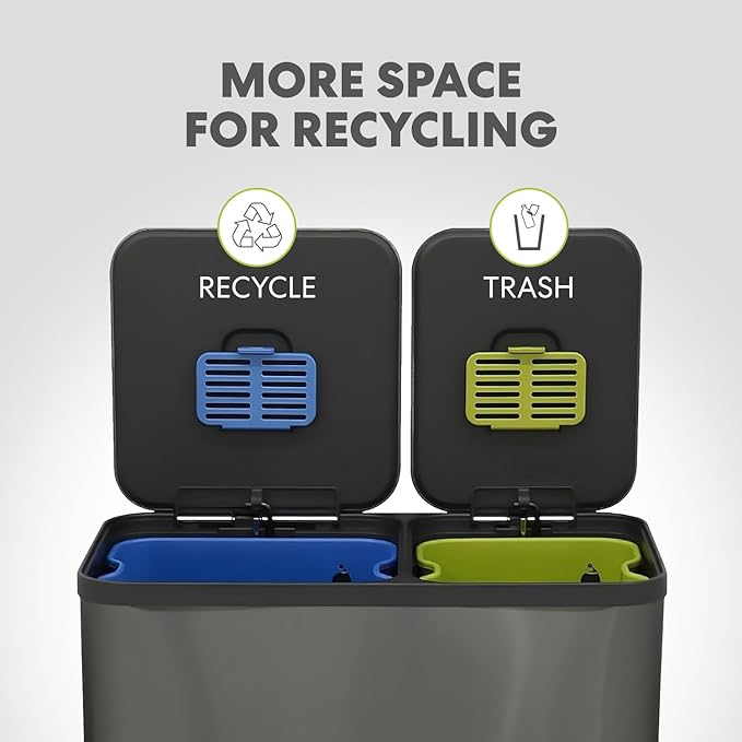 SIMPLI-Magic 18.5 Gallon (70L) Dual Compartment Kitchen Trash Can - Hands-Free Step Pedal, Soft-Close Lid, Stainless Steel Recycling Bin with Odor Filter (40L + 30L), Black