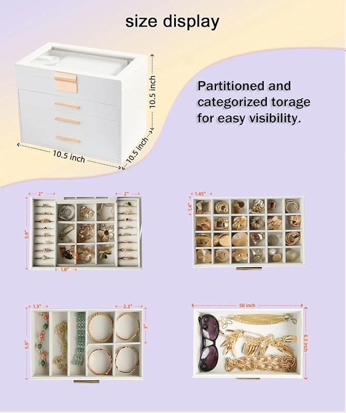 BOOVO Jewelry Boxes for Women, White and Black 6 Layer Large Jewelry Box for Necklace, Bracelet, Earrings, Rings Storage, Jewelry holder Organizer for Girls Gift (Clear White, 4 layer)