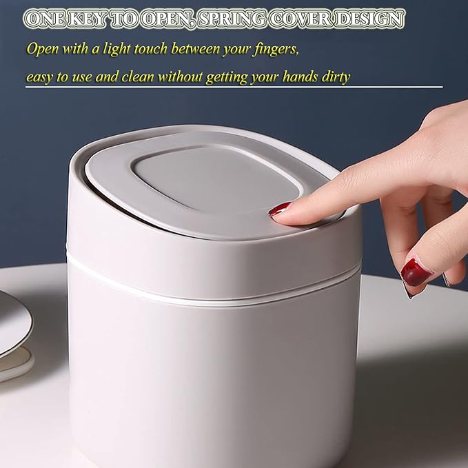LTWQLing Plastic Mini Trash Can with Lid - 2 L Pop Up Wastebasket for Bathroom Vanity, Desktop, Tabletop or Coffee Table - Dispose of Cotton Rounds, Makeup Sponges, Tissues (Grey)