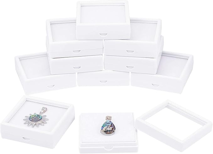 BENECREAT 10PCS White Gemstone Display Box Square Acrylic Jewelry Box Container(2.4x2.4x0.8) with Clear Top Lids and Sponge Inside for Gems, Jewelry Packing