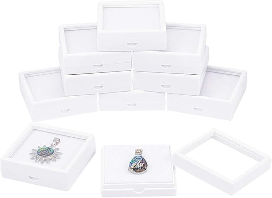 BENECREAT 10PCS White Gemstone Display Box Square Acrylic Jewelry Box Container(2.4x2.4x0.8) with Clear Top Lids and Sponge Inside for Gems, Jewelry Packing