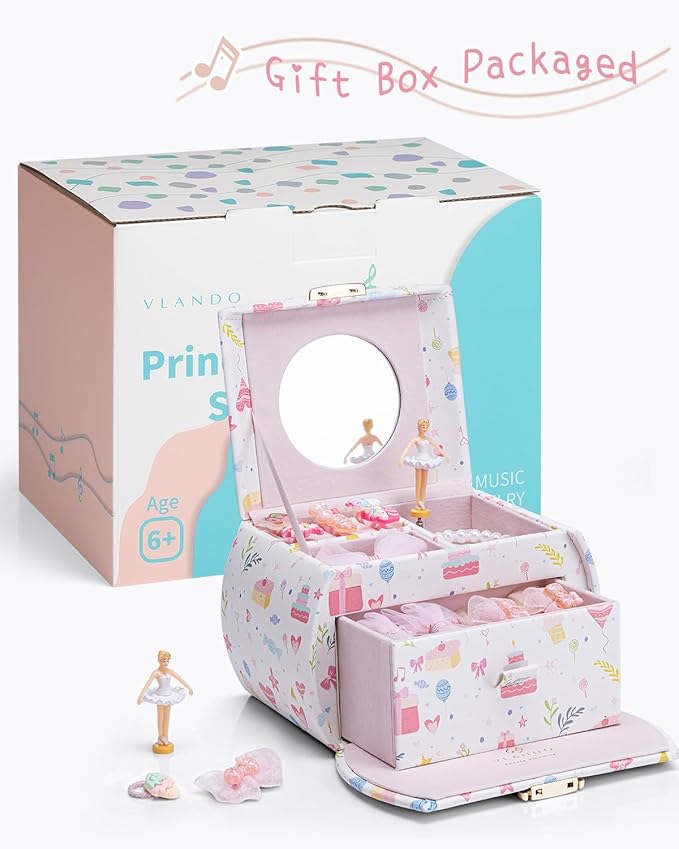 VLANDO Musical Jewelry Box for Girls Kids with Drawer, Music Box with Ballerina and Stickers for Birthday Bedroom Decor, Fantasy Princess