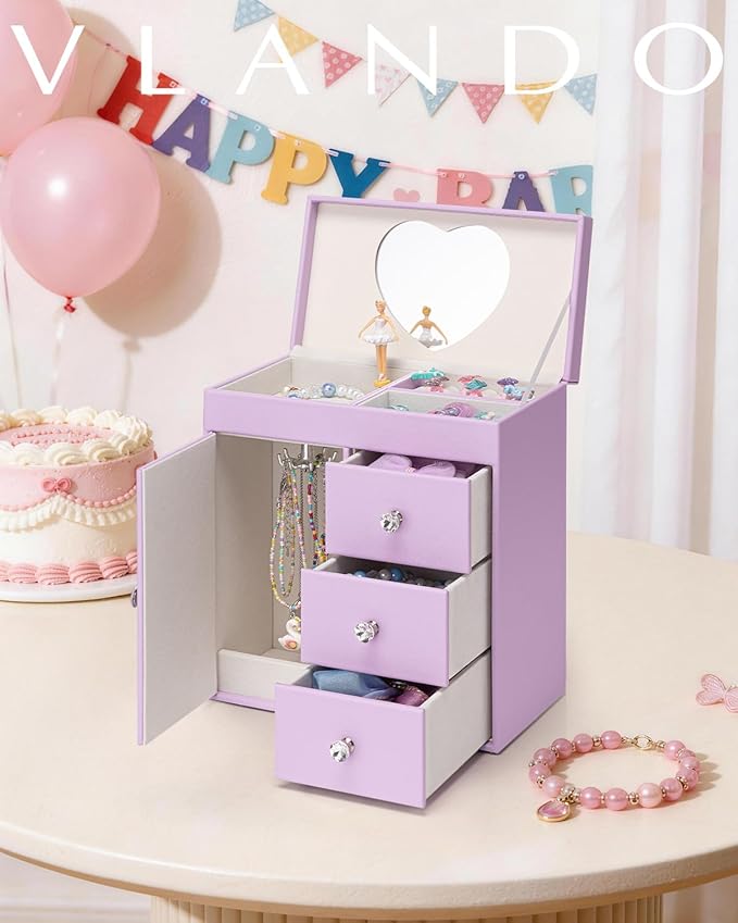 VLANDO Musical Jewelry Box for Girls, Large Kid Music Box with Ballerina for Birthday Bedroom Decor, 4 Layer Girl Jewelry Gifts for Girls Kids - Purple