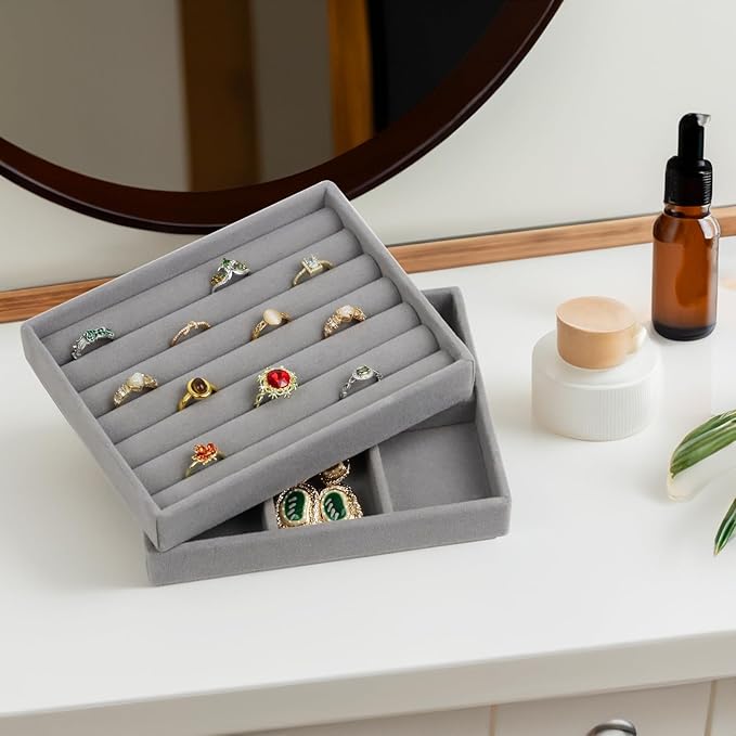Fordonral Velvet Jewelry Organizer Box, Jewelry Drawer Organizers Trays, Earring Ring Necklace Holder Display Case (Gray, Ring+6 Grid Trays)